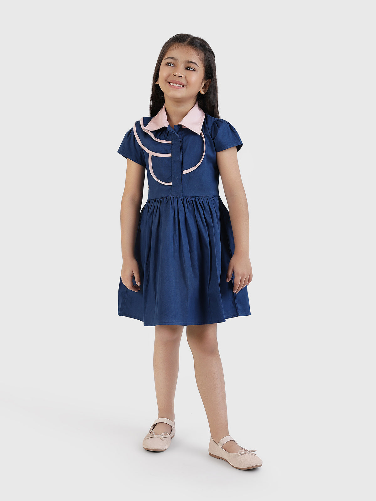 Contrast Collar Dress with Piping Detail
