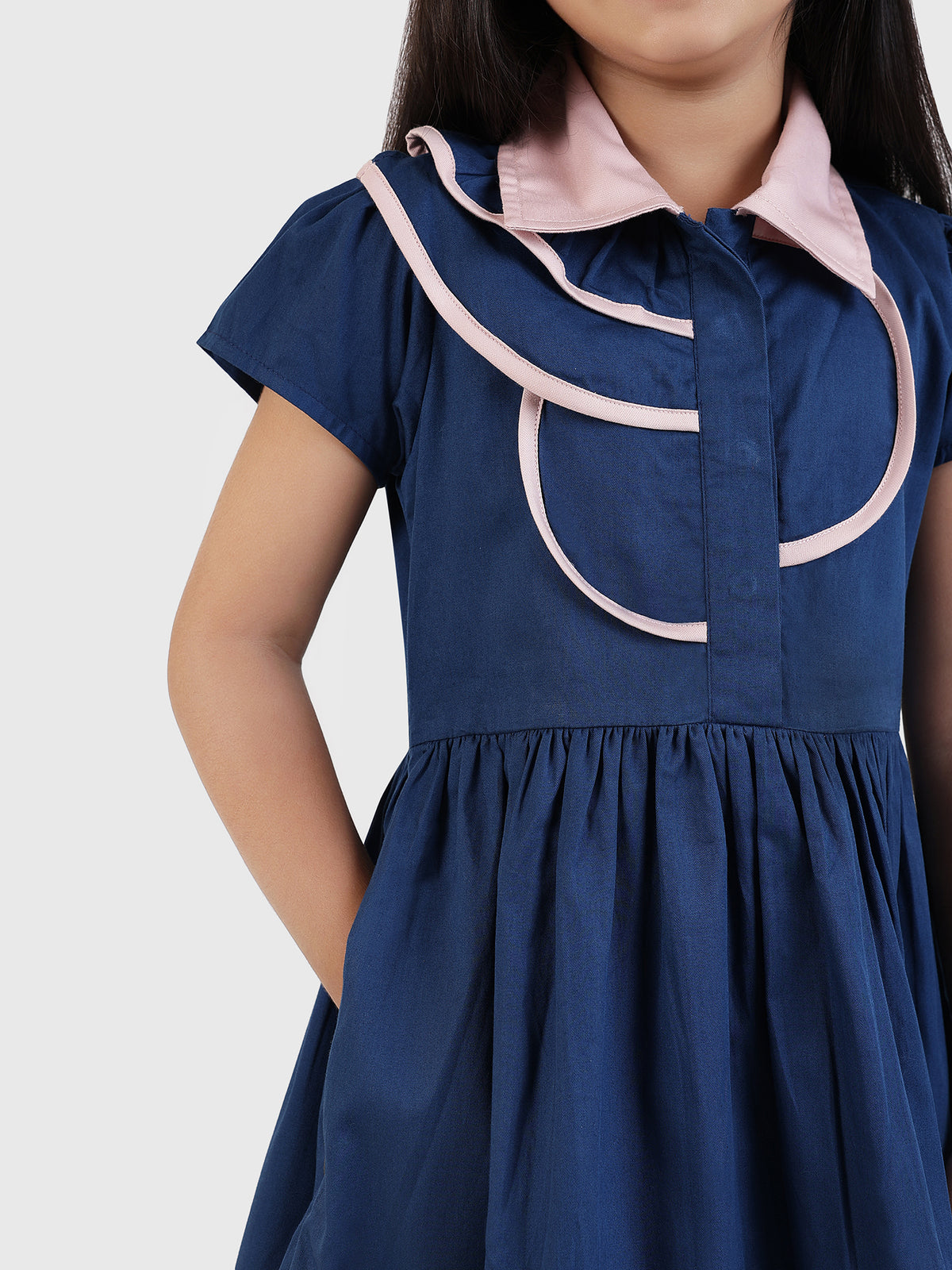 Contrast Collar Dress with Piping Detail